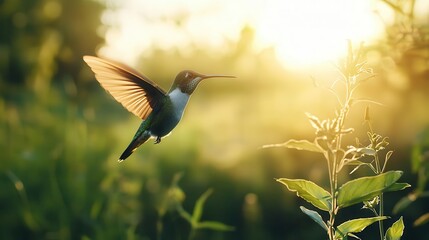 Realistic Hummingbird hovering midair, iridescent green body, rapid wing movement, filmed on a green screen for special effects