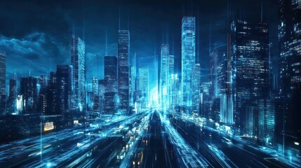 Futuristic city skyline at night with digital lines.  Possible stock photo use