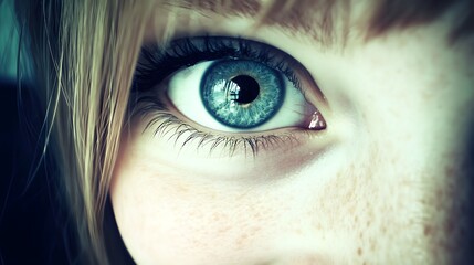 Closeup of a Woman's Blue Eye with Freckles and Blonde Hair