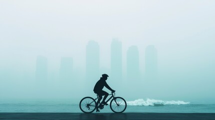 Obraz premium Silhouette of Cyclist Merging into Foggy City Skyline at Dusk
