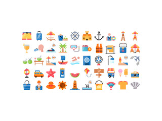 collection  of 50 summer beach icons for summer fun. Perfect for social media, vacation-themed designs, travel promotions, and beach-related content.