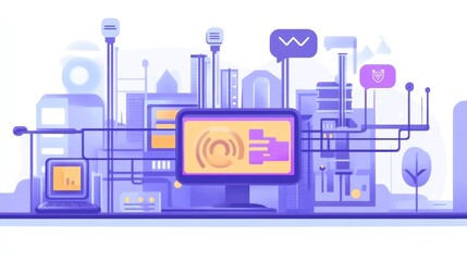 Modern digital workspace with computer screens displaying data analytics amidst a vibrant cityscape backdrop