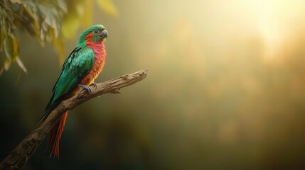 Realistic Quetzal perched gracefully, vibrant green and red feathers, filmed on a green screen for special effects
