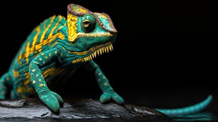 Naklejka premium Vibrant Chameleon on Dark Stone, Wildlife, Nature