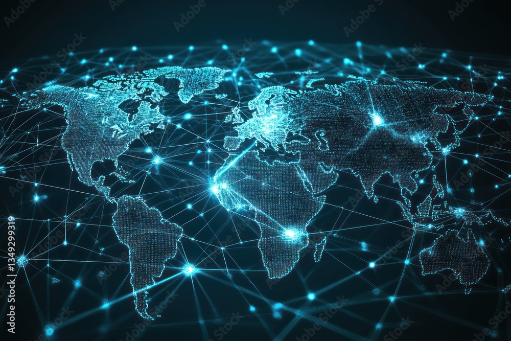 Poster digital world map with interconnected nodes and lines representing data flow