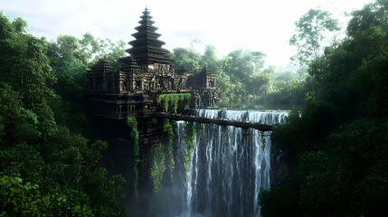 Pixelated Asian Temple On Waterfall In Lush Jungle