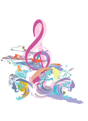 Abstract colorful musical design with treble clefs and musical waves, splashes. Hand drawn vector illustration.