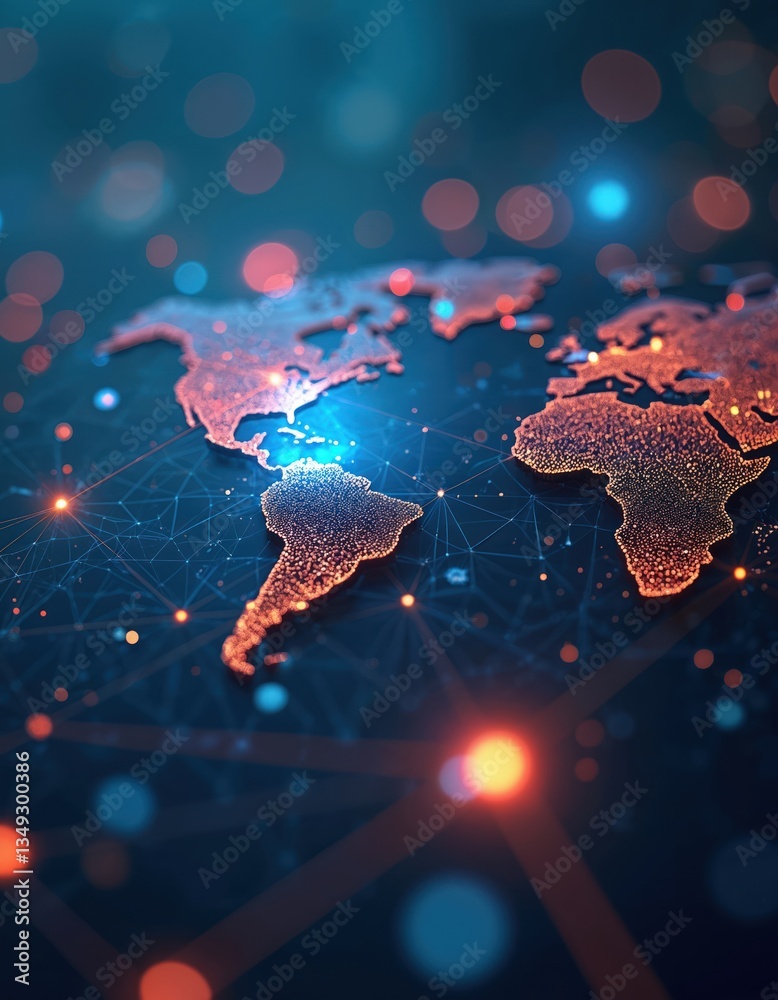 Poster futuristic digital world map connects business telecommunication tech. global network communication 