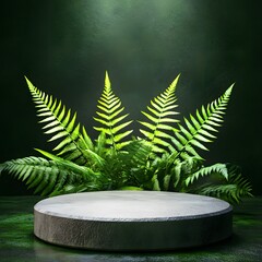A podium made of delicate fern leaves, placed in a dewy early morning forest.