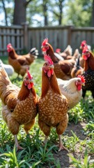 Group of chickens roaming freely in sunny farmyard enclosure