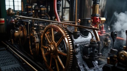 Fototapeta premium A steam-powered engine with interconnected brass gears turning in perfect synchronization