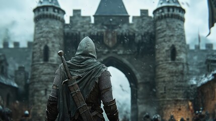 Obraz premium A lone warrior stands before a medieval castle in the snow, his back to the viewer, sword sheathed.