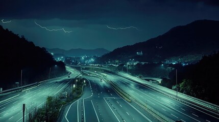 A stormy night over an asphalt highway, with lightning illuminating the dark sky