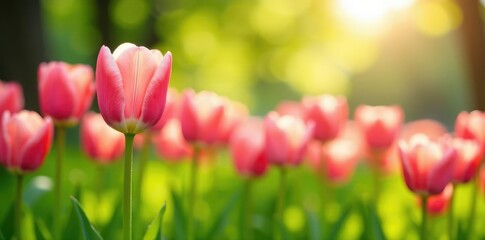 Pastel-colored tulips swaying gently in the soft sunlight filtering through the lush green grasses, blossoms, sunlight