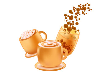 Cute 3D cup of whipped coffee, bubble tea glass isolated, transparent PNG. Coffee shop decoration with glowing texture. Great for cafe menu, delivery price, hot drinks presentation.