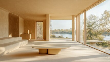 Beige Minimalist Lakefront Interior with Sunlight and Curved Benches
