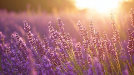 A serene lavender field bathed in golden sunlight captures the essence of tranquility. The vibrant purple blooms evoke a sense of calm and beauty. Generative AI