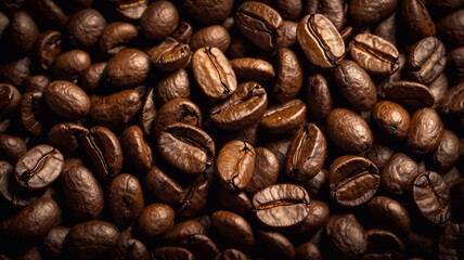 Naklejka premium Colombian coffee beans scattered in dark background