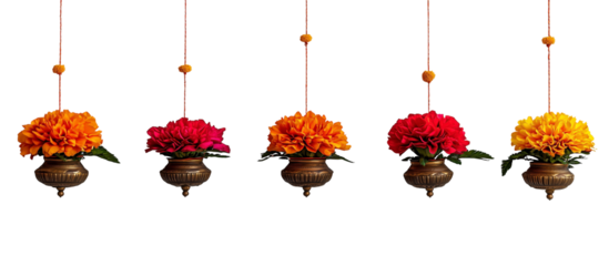 Festive Floral Display: A symmetrical arrangement of vibrant orange and red marigold flowers and ornamental pots, suspended on strings, is artfully captured, celebrating traditions and colors.