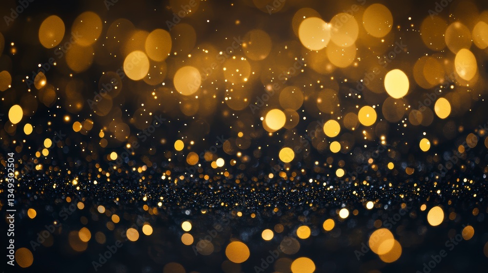 Poster Abstract gold and black bokeh background with glittering sparkles.