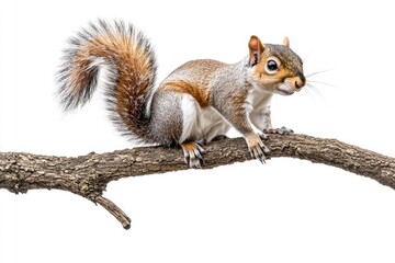 Obraz premium Squirrel attentively perches on a textured tree branch its bushy tail prominently displayed isolate on white background