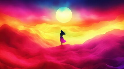 Silhouette of a woman in a dress standing on a colorful landscape under a bright celestial body