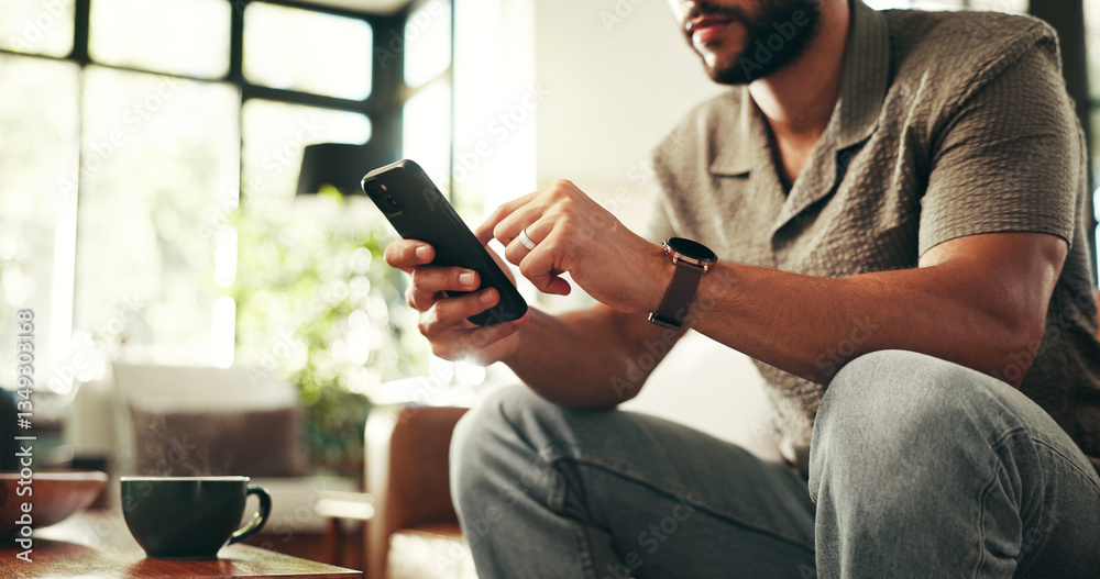 Poster hands, relax and phone with man on sofa in lounge for networking app, social media post and chat. co