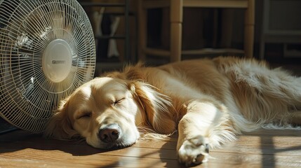 A golden retriever lazily lying on the cool floor with a fan blowing air, staying calm and relaxed. The fan's breeze is a relief on a sunny, warm day.