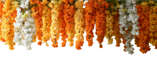 Floral Garland Cascade: A vibrant array of flower garlands hangs, creating a colorful, festive display.  Their colors are the dominant element.