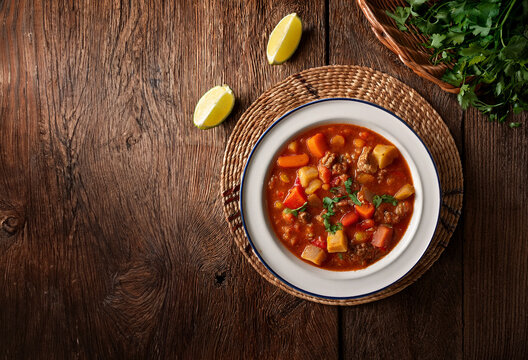 Delicioso guiso de legumbres, patatas y tomate servido en plato sobre mesa de madera. Vista cenital. Gastronom&iacute;a y arte culinario. Generated image