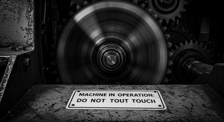 Obraz premium Rotating Gears Inside Industrial Machine with Warning Sign Close Up