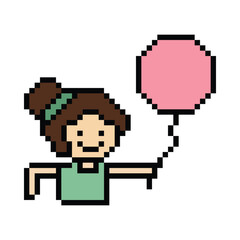 Fototapeta premium Cute pixel cartoon character girl kid child hold or play balloon bump decoration 8 bit woman lady children with balloon toy float pixel game 8bit png vector.