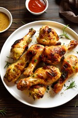Barbecued chicken drumsticks on wooden table