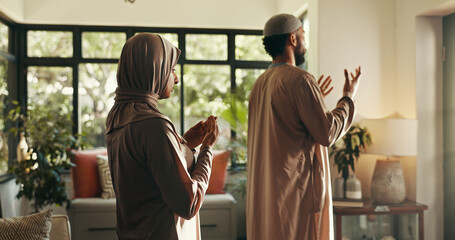 Muslim, couple and prayer for religion at home of spiritual worship, Islamic belief and praise to Allah. People, faith or reflection of Eid Mubarak, holy devotion and gratitude of marriage commitment