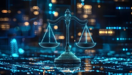 Holographic AI legal advisors display futuristic scales of justice at a contemporary event.