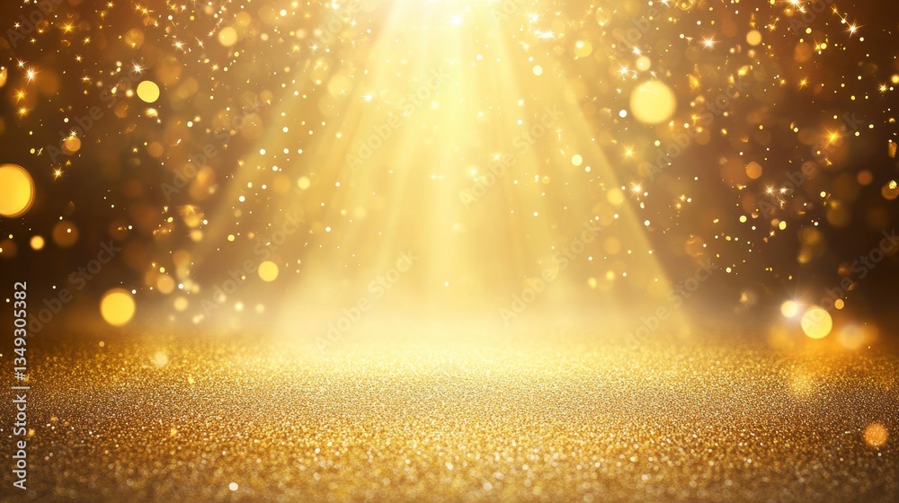 Poster Sparkling golden background with light rays and bokeh effect, perfect for festive designs.