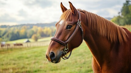 A horse in a pasture with a shiny bridle, looking content as it grazes, surrounded by a peaceful countryside with rolling hills and trees.