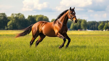 Fototapeta premium A horse with a bridle trotting across a beautiful green pasture, its hooves kicking up the grass as it moves gracefully through the open field.