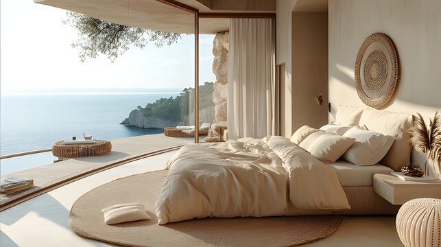 Chic boho bedroom with a bed dressed in beige bedding, framed by a wide panoramic window offering a breathtaking sea view.