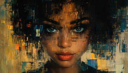 A striking woman's face in a textured portrait, dominated by intense eyes & vibrant colors, creating an abstract, expressive artwork
