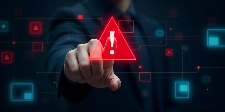 Alert: A close-up shot of a businessperson's hand pointing at a holographic red warning symbol, against a dark background with digital information