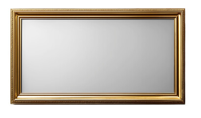 Golden Frame: A rectangular golden frame with an empty, reflective surface, ideal for showcasing art, memories, or enhancing interior décor, evokes a sense of classic elegance and timeless charm. 