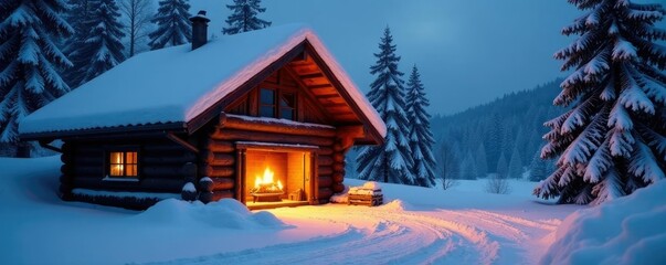 Snow-covered roof with a warm glow from inside light, fireplace, snow, garage