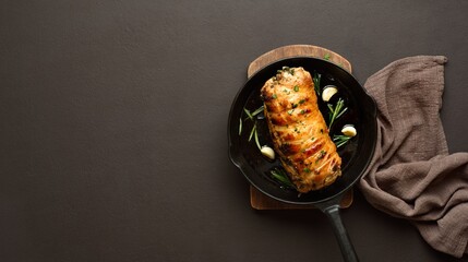 Roasted pork loin with rosemary and garlic in cast iron pan