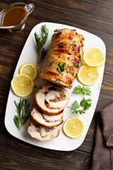 Stuffed pork tenderloin loaded with fried mushrooms, onion, red