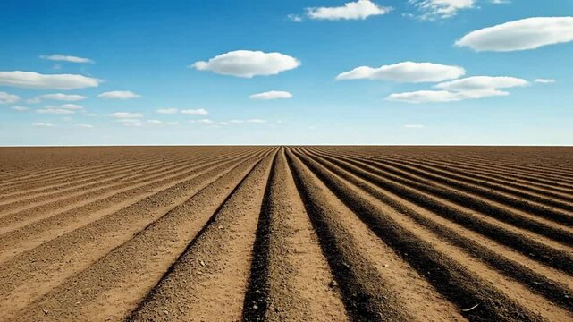 Expansive empty agricultural field freshly plowed under a clear blue sky. Concept of farming preparation and agricultural potential.