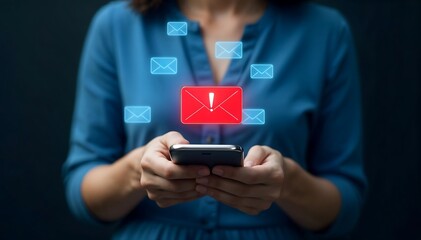 Futuristic Smartphone User with Holographic Interface and Digital Icons in Blue Glow for Virtual Interaction and Social Media Technology