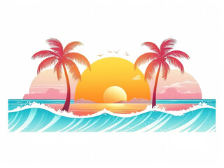 Tropical sunset with palm trees and waves, vibrant travel art.  
