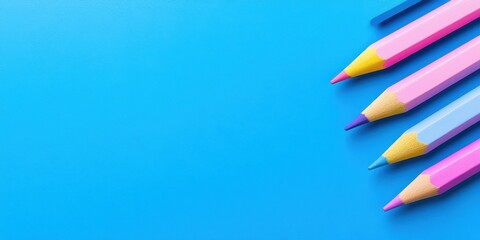 Fototapeta premium A bright blue surface with several colored pencils aligned diagonally on the right side edge