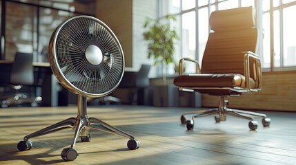 A metal fan next to an ergonomic office chair in a stylish modern office, providing airflow and comfort on a hot day.